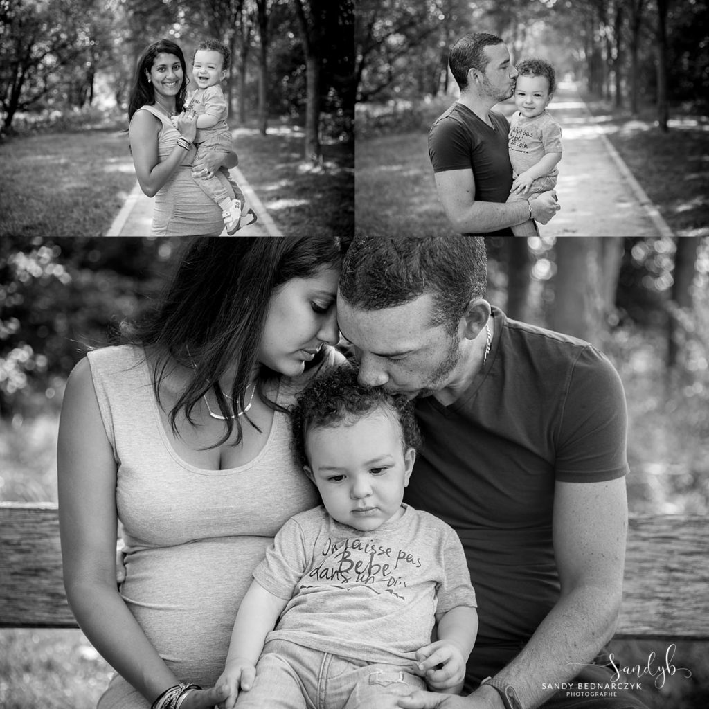 Trois photos en noir et blanc avec papa, maman attendant bébé et leur enfant